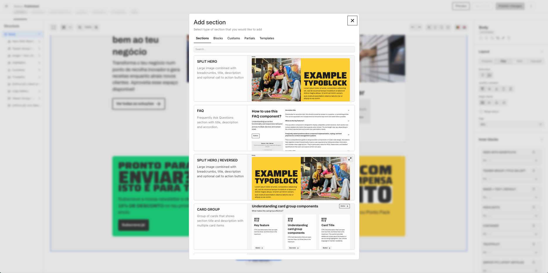 Content Platform ready-made sections picker